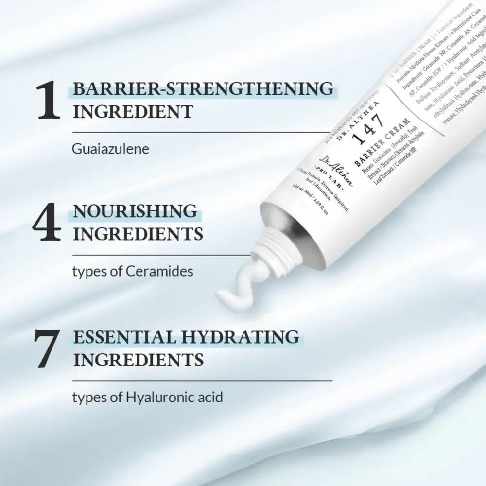 White tube of dealthea 147 barrier cream 50ml with silver cap and minimalist black text for authentic k-beauty use