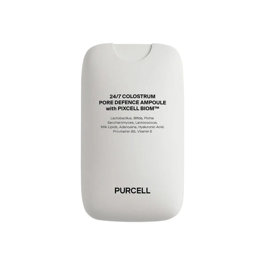 A sleek white rectangular bottle of purcell 24/7 colostrum pore defence ampoule with pixcell biom defence ampoule 55ml