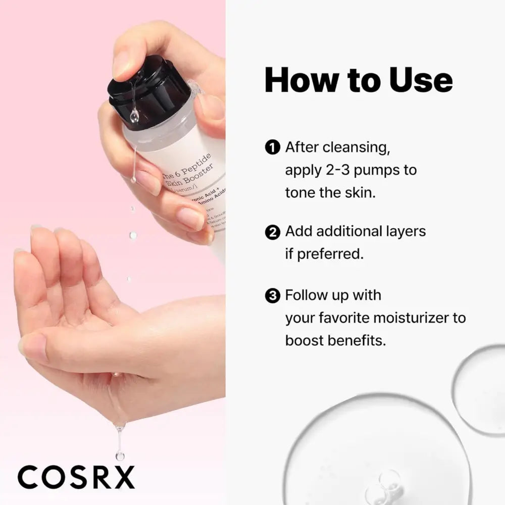 A clear glass bottle with black pump dispenser labeled the 6 peptide skin booster by cosrx for authentic k-beauty skin care