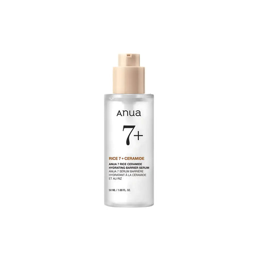 Clear glass bottle with beige pump dispenser of anua rice 7 rice ceramide hydrating barrier serum 50ml