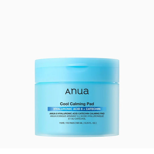 A translucent light blue cylindrical jar of anua cool calming hyaluronic acid pads containing 110ea for authentic k-beauty