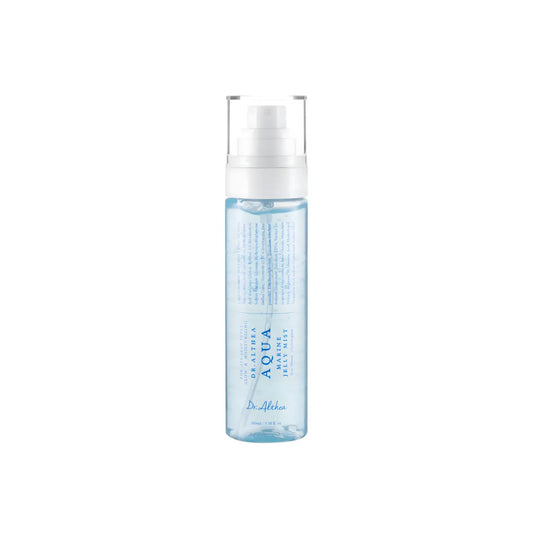 Clear glass bottle with white spray nozzle containing light blue vegan pdrn aqua marine jelly mist 100ml by dr