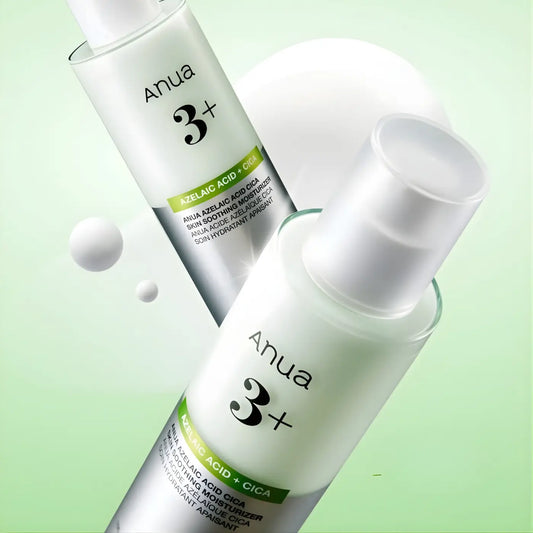 Two translucent white glass bottles of anua azelaic acid cica skin soothing moisturizer with silver caps and green labeling