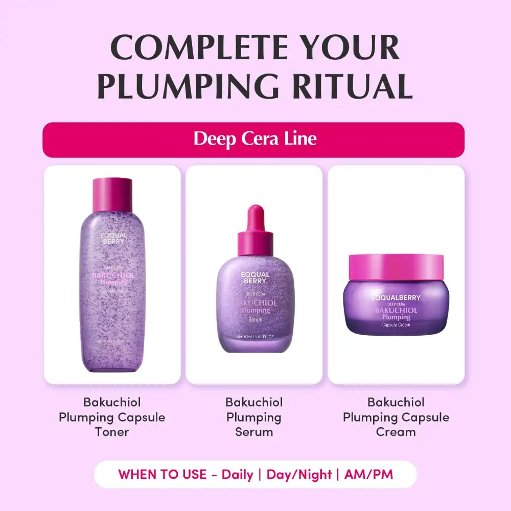 Purple glass bottles and jars with pink caps featuring equal berry bakuchiol plumping capsule toner 150ml