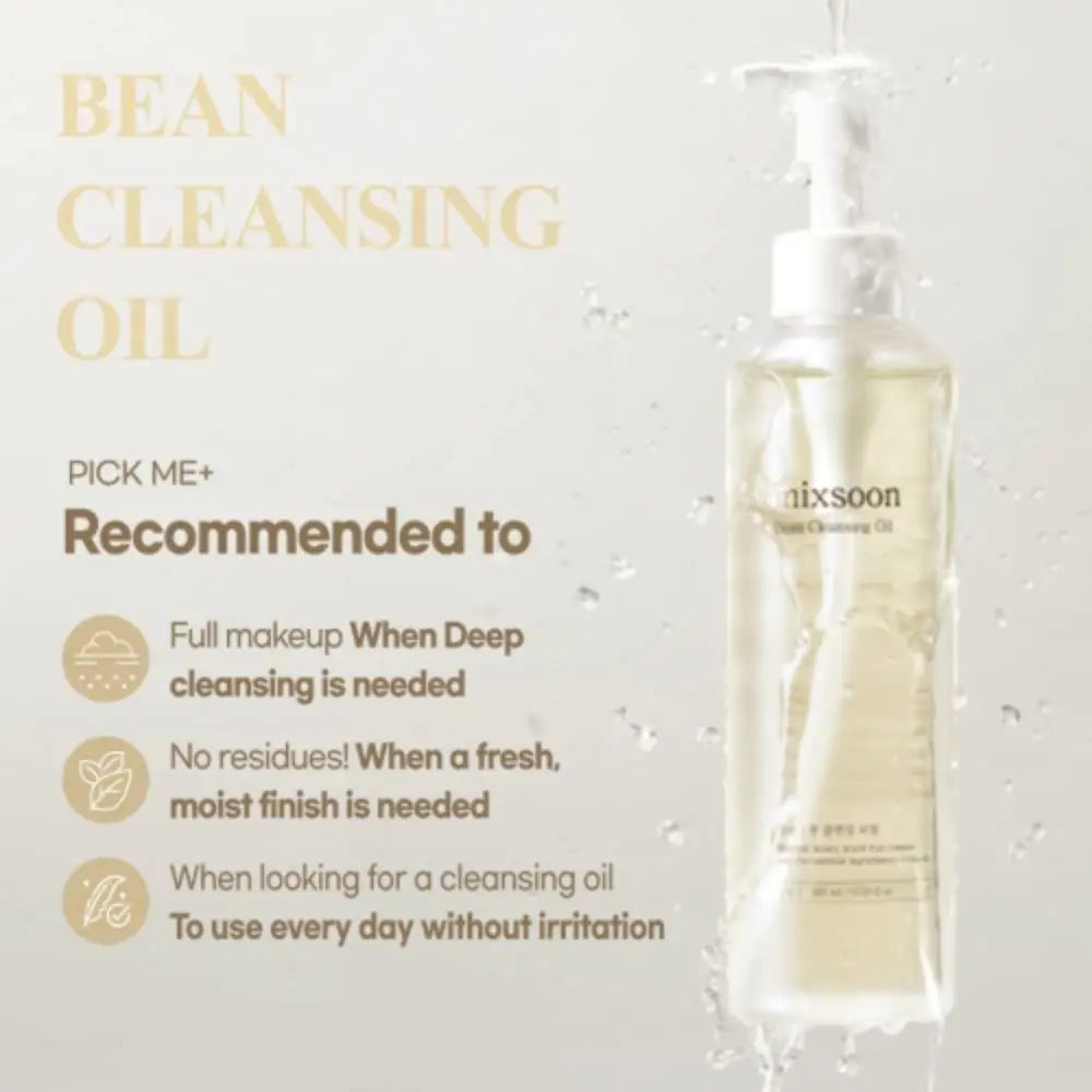 Clear glass bottle of Nixsoon bean cleansing oil 195ml with white pump dispenser and golden liquid inside