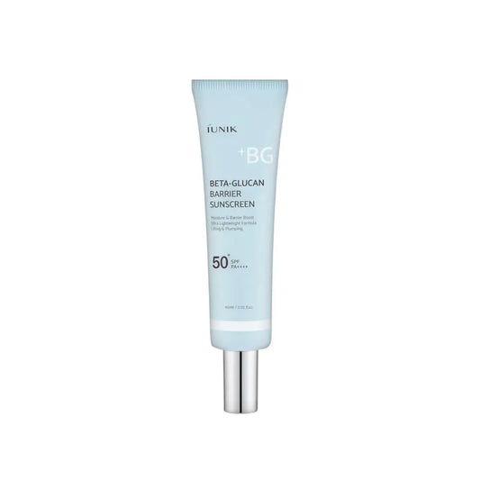 Light blue tube of iunik beta glucan barrier sunscreen spf 50 pa 60ml with silver cap and white text for skin protection