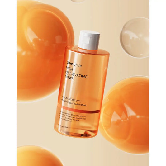 Genabelle pdrn rejuvenating toner in a transparent amber bottle with white cap for skin brightening use in brightens up trio