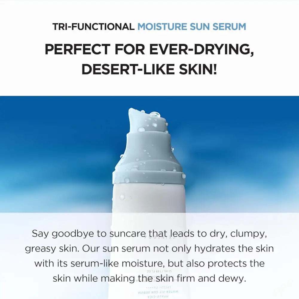 A sleek white pump bottle of hyalu-cica water-fit sun serum 100ml with frosted finish and droplets to maintain moisture