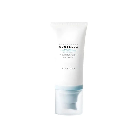 White tube of skin1004 madagascar centella hyalu-cica water-fit sun serum 50ml with light blue cap and no white cast