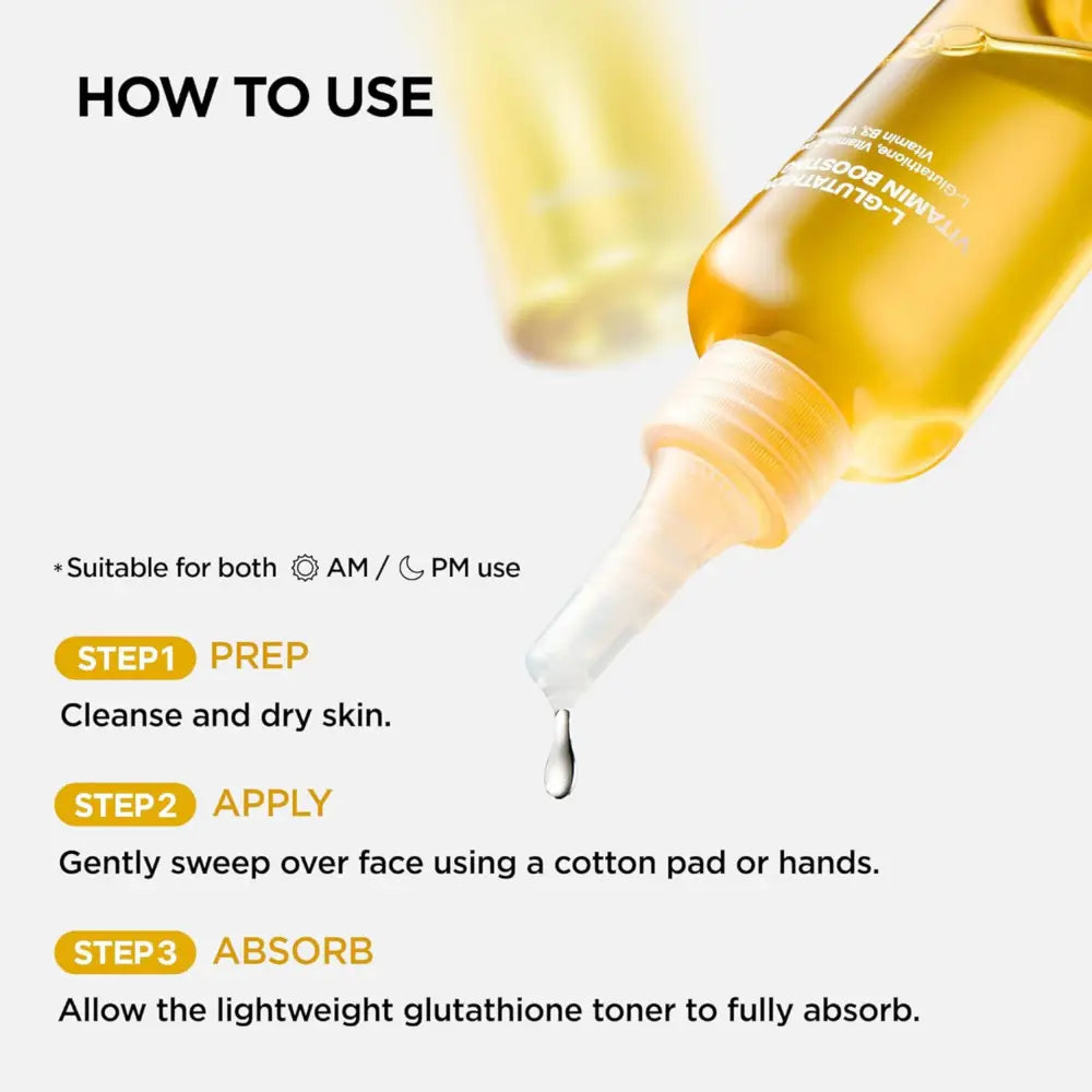 A clear glass bottle with a white dropper cap filled with golden-yellow l-glutathione vitamin booster for korean skincare south africa