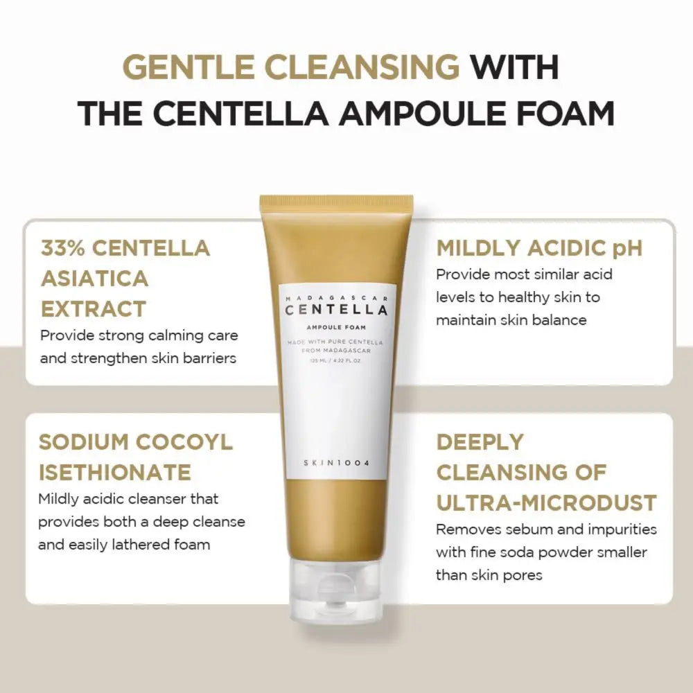 A gold-tinted centella ampoule foam tube by skin1004 with white label and clear cap for authentic k-beauty cleansing in south africa