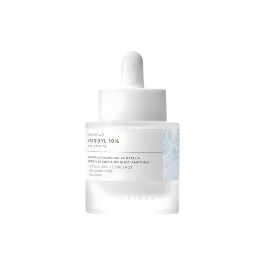 A minimalist white glass dropper bottle with frosted label containing madagascar centella matrixyl boosting shot ampoule