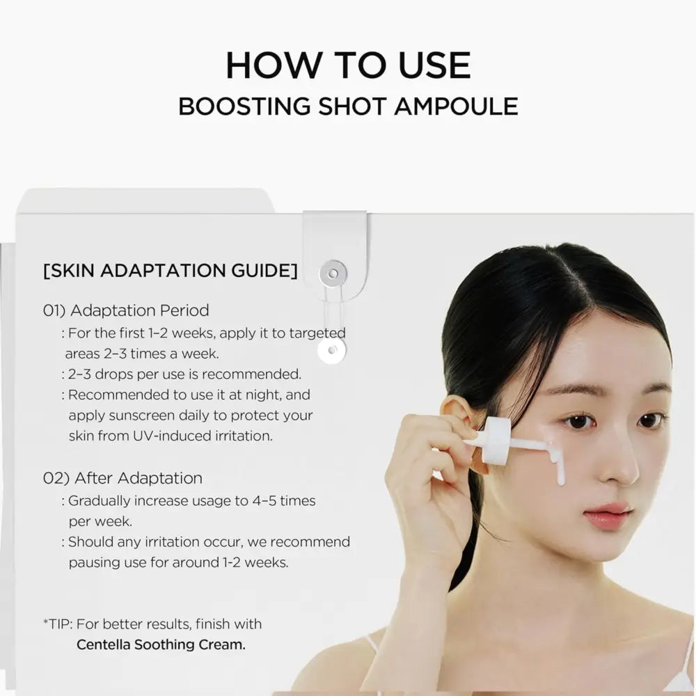 White plastic ampoule applicator with dropper tip applying madagascar centella matrixyl boosting shot ampoule near ear