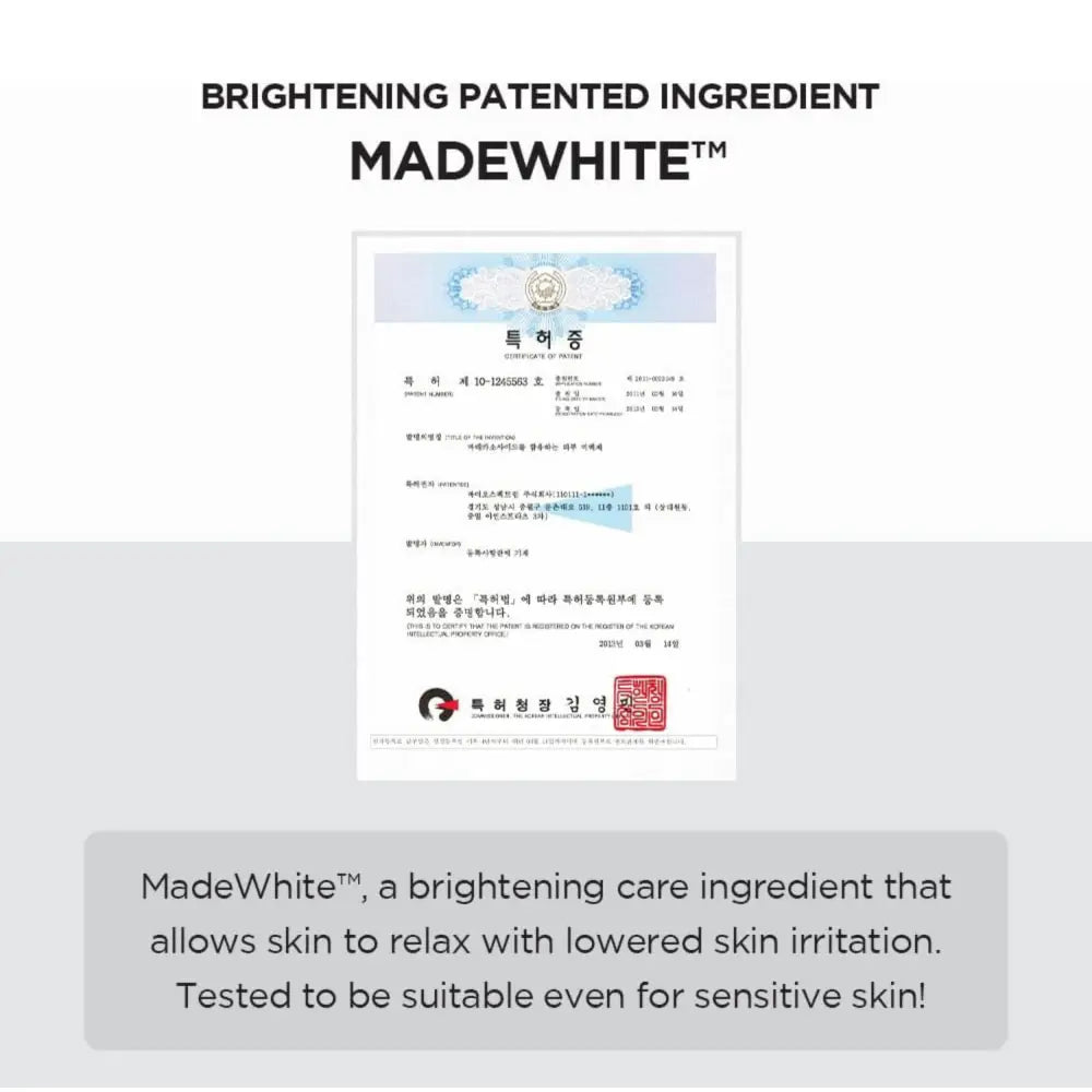 Formal certificate of madewhite brightening patented ingredient in korean for madagascar centella tone brightening capsule ampoule 100ml