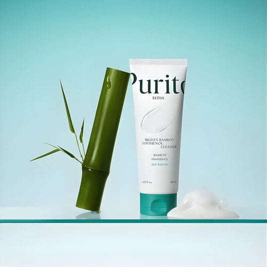 White tube of purito seoul mighty bamboo panthenol cleanser with teal cap and green bamboo stalk for authentic k-beauty korean skincare south africa