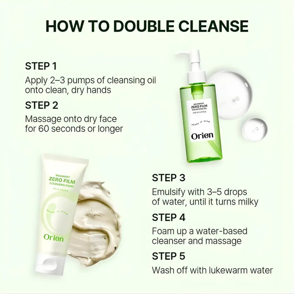 Green glass bottle with white pump and label containing mugwort zero film cleansing oil for zero film cleansing routine