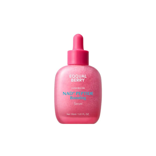 A vibrant pink glass bottle of the best korean skincare brands sa equal berry lush blush nad+ peptide boosting serum 30ml
