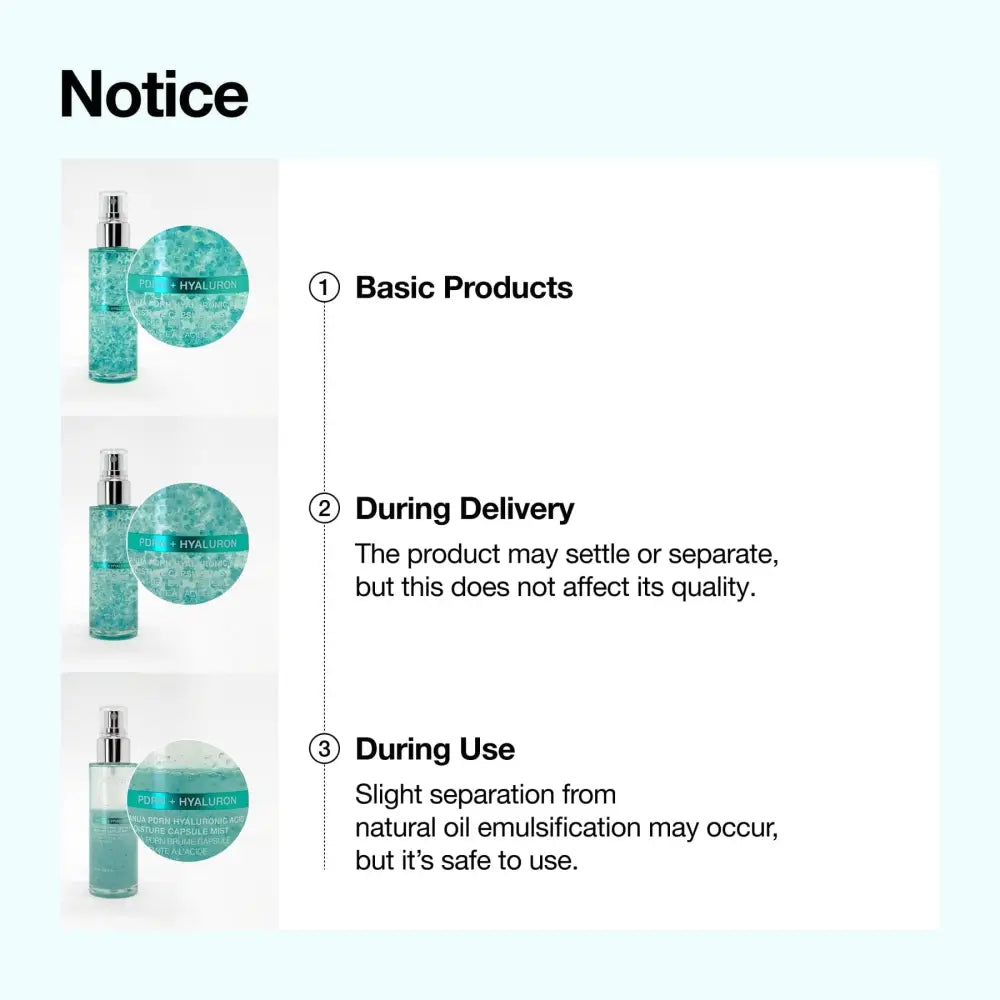 A clear glass serum spray bottle with silver nozzle and teal pdrn collagen glow liquid labeled pore plus hyaluron