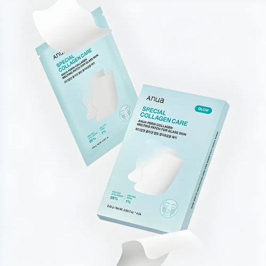 Light blue rectangular package of anua pdrn collagen melting patch for glass skin from best korean skincare brands sa