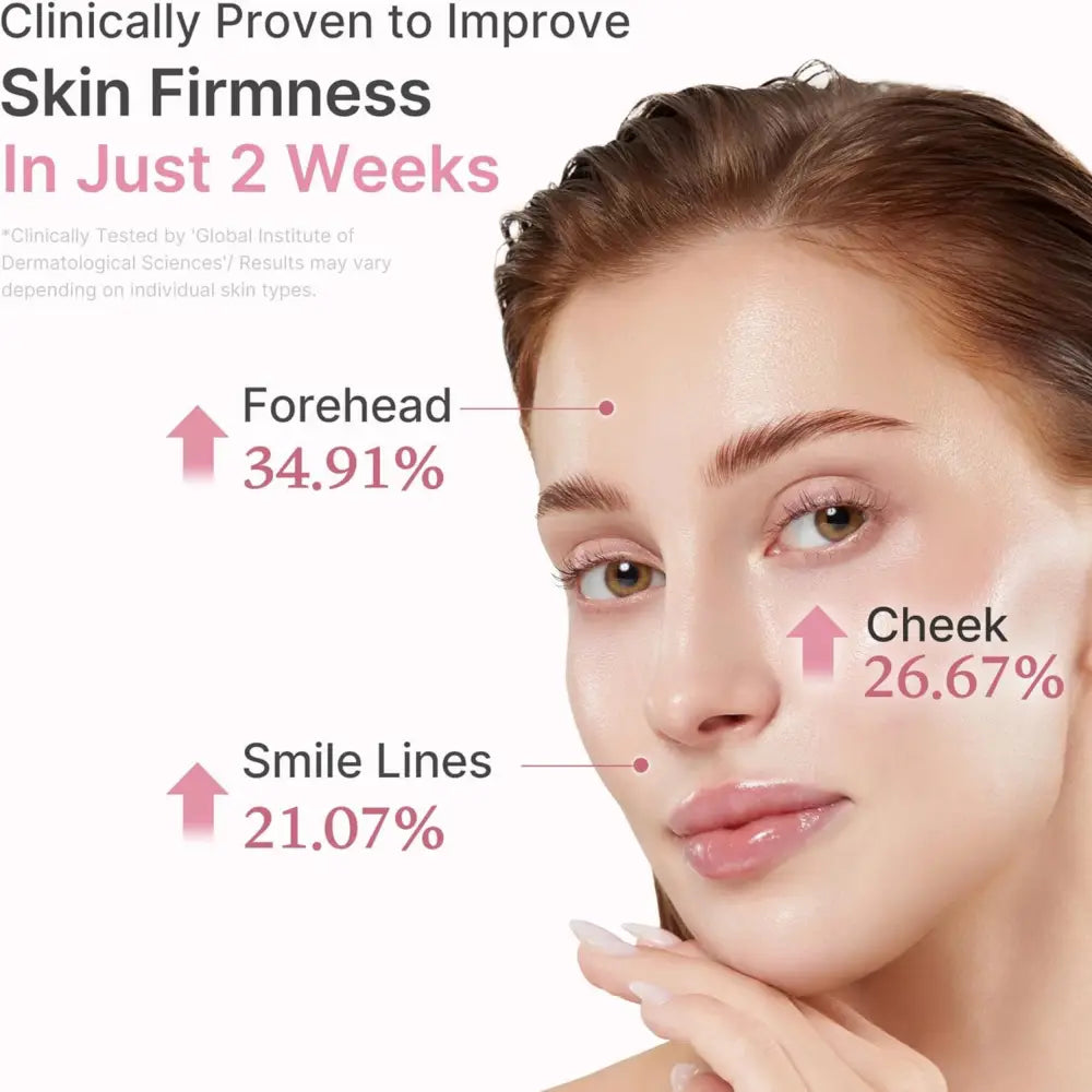 A woman with light brown hair showcasing fair skin wearing subtle makeup using pdrn pink peptide serum 30ml