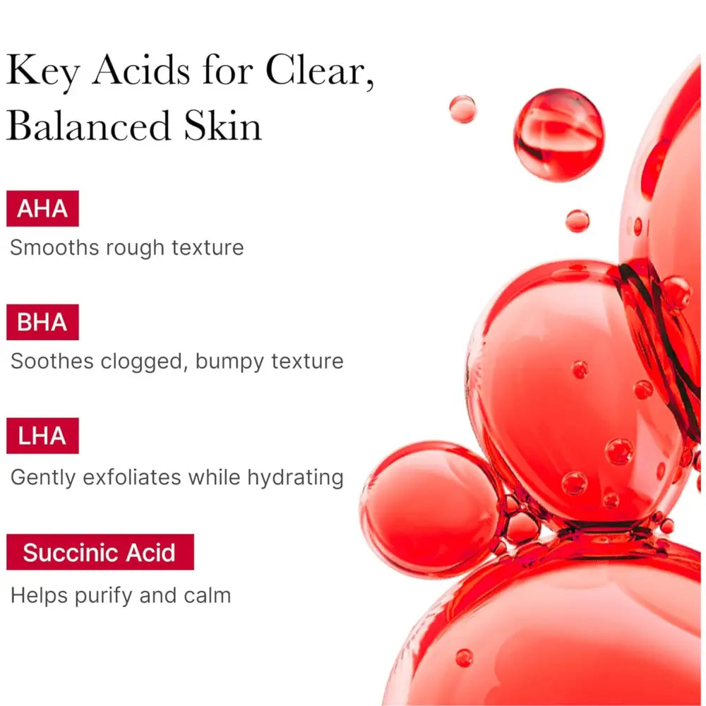 Vibrant red translucent liquid droplets with glossy spherical surfaces in red acne body peeling shot 110g product