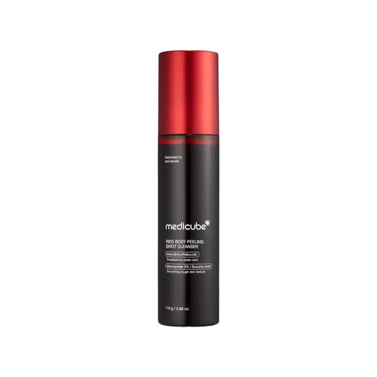Medicube red acne body peeling shot cleanser in sleek black bottle with glossy red cap 110g body peeling shot