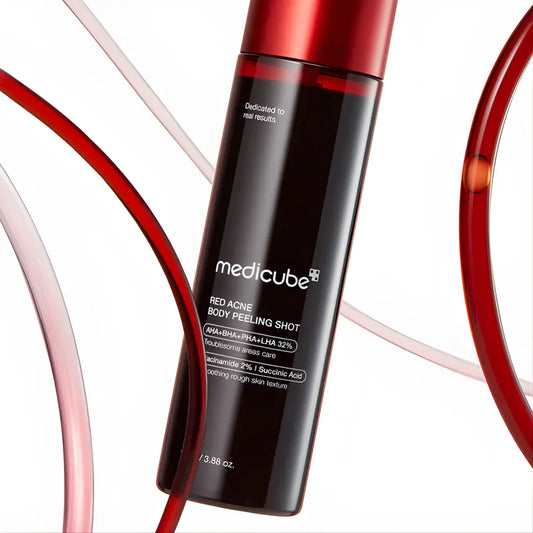 Black cylindrical medicube bottle with red cap and white label for red acne body peeling shot 110g product