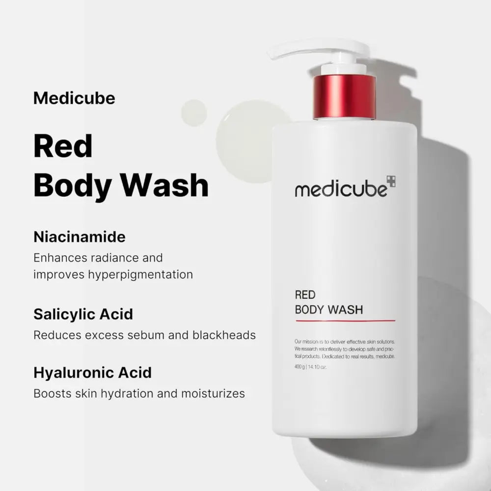 White pump bottle of Medicube red acne body wash 400g with red metallic cap for authentic k-beauty and Korean skincare South Africa
