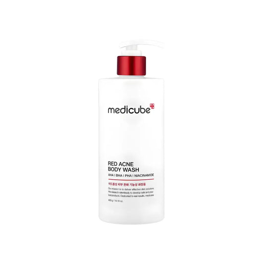White plastic bottle with red pump dispenser labeled medicube red acne body wash 400g for authentic k-beauty and korean skincare south africa