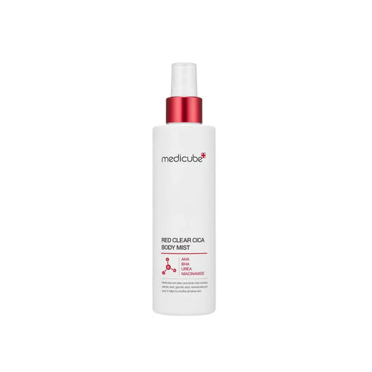 White plastic bottle with red spray nozzle labeled medicube red clear cica body mist 200ml clear cica body care