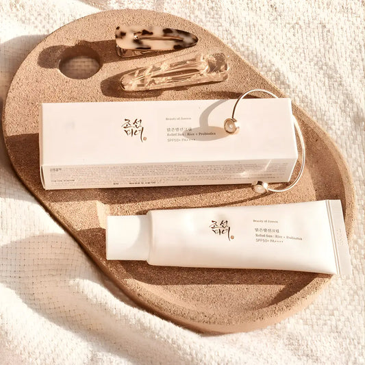 White tube of beauty of josen relief sun sunscreen with rice probiotics formula featuring grain extracts for korean skincare