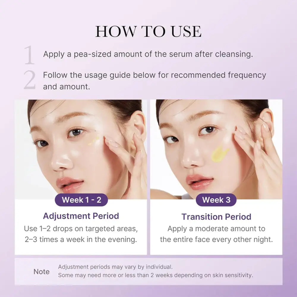 A pale yellow translucent retinol nmn boosting serum applied on the face to improve skin texture in a skincare routine