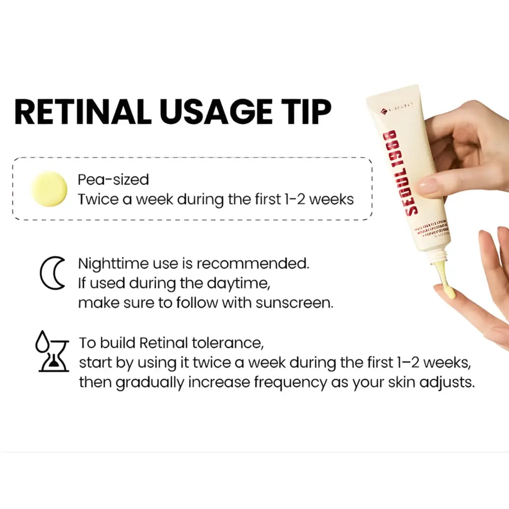 Creamy off-white tube of seoul 1986 retinal serum eye cream with red lettering for eye area featuring retinal liposome