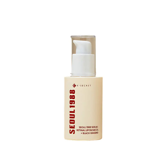 Beige cylindrical bottle of k-secret seoul 1988 serum with retinal liposome 2% and black ginseng korean skincare south africa