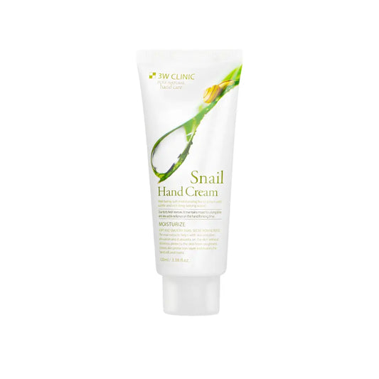 White tube of 3w clinic snail hand cream 100ml with green and gold snail-themed design featuring snail extract