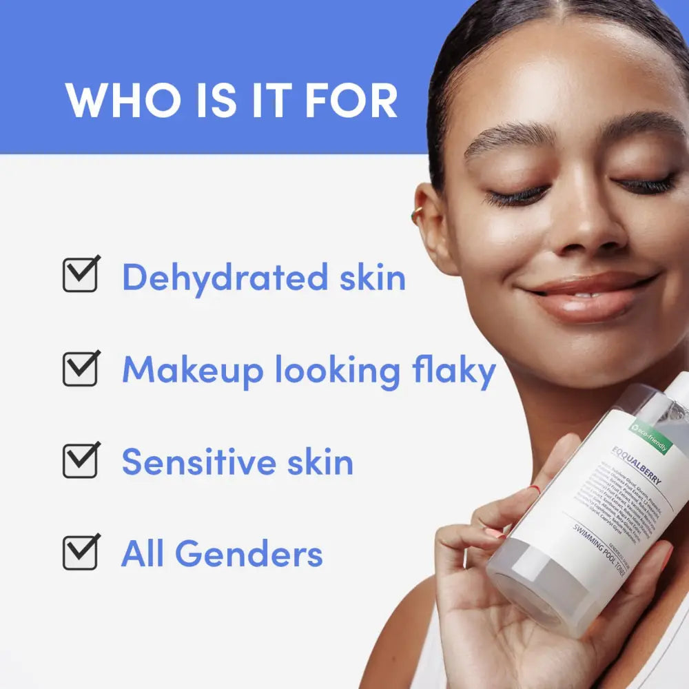 A clear cylindrical bottle of equalberry hydrating serum toner with white label and cap for korean skincare South Africa