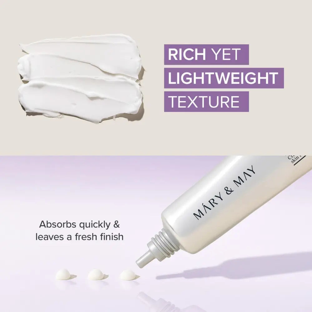 A sleek white mary and may tranexamic acid glutathione eye cream tube with silver cap and minimalist black lettering
