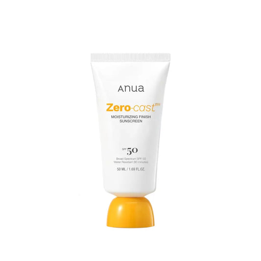White tube of anua zero cast moisturizing finish sunscreen spf50 with yellow cap featuring authentic k-beauty and korean skincare south africa