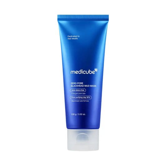 A sleek glossy blue tube of medicube zero pore blackhead mud mask 100g with a clear flip-top cap