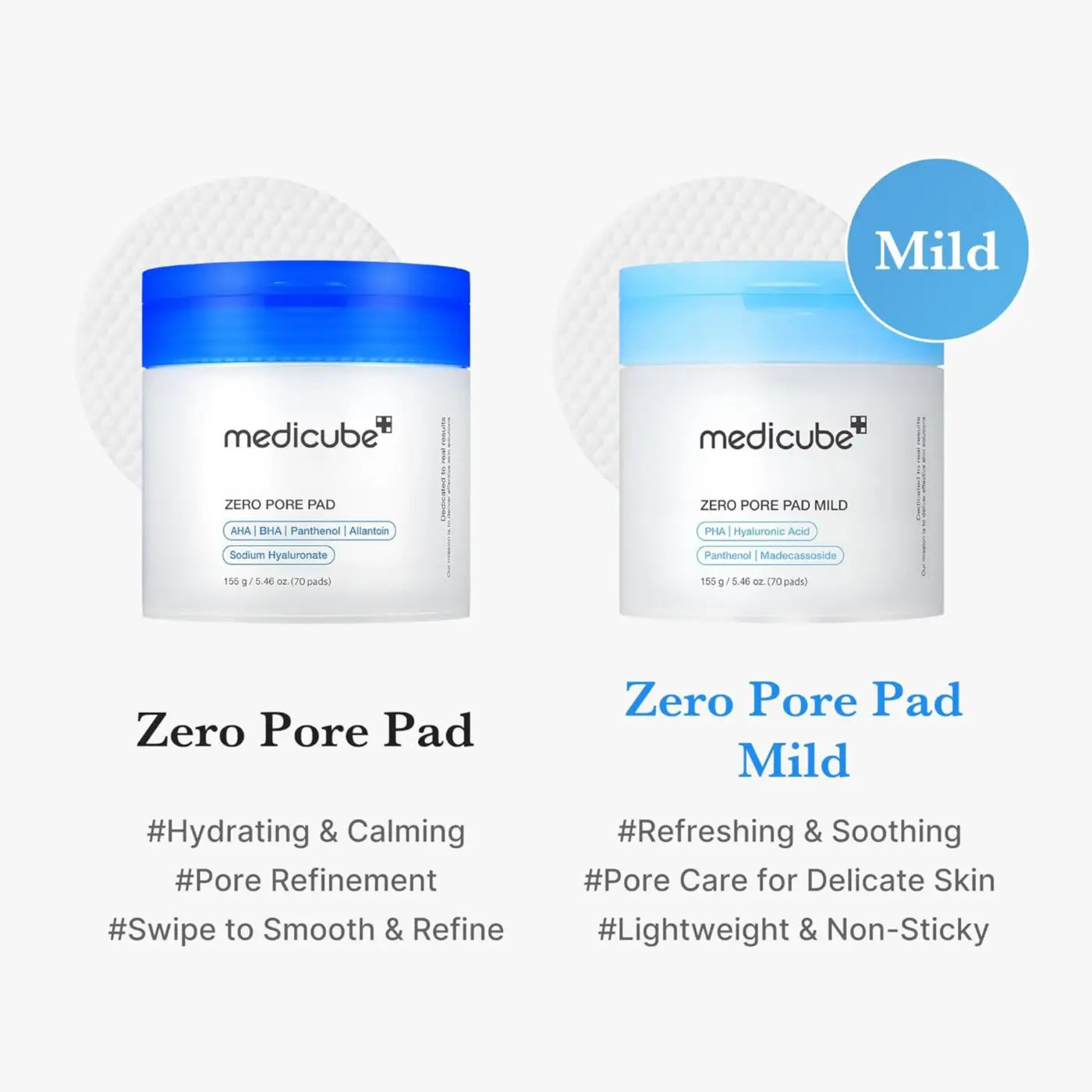 Two white cylindrical jars with blue lids labeled zero pore pad and zero pore pad mild from medicube pore pad mild