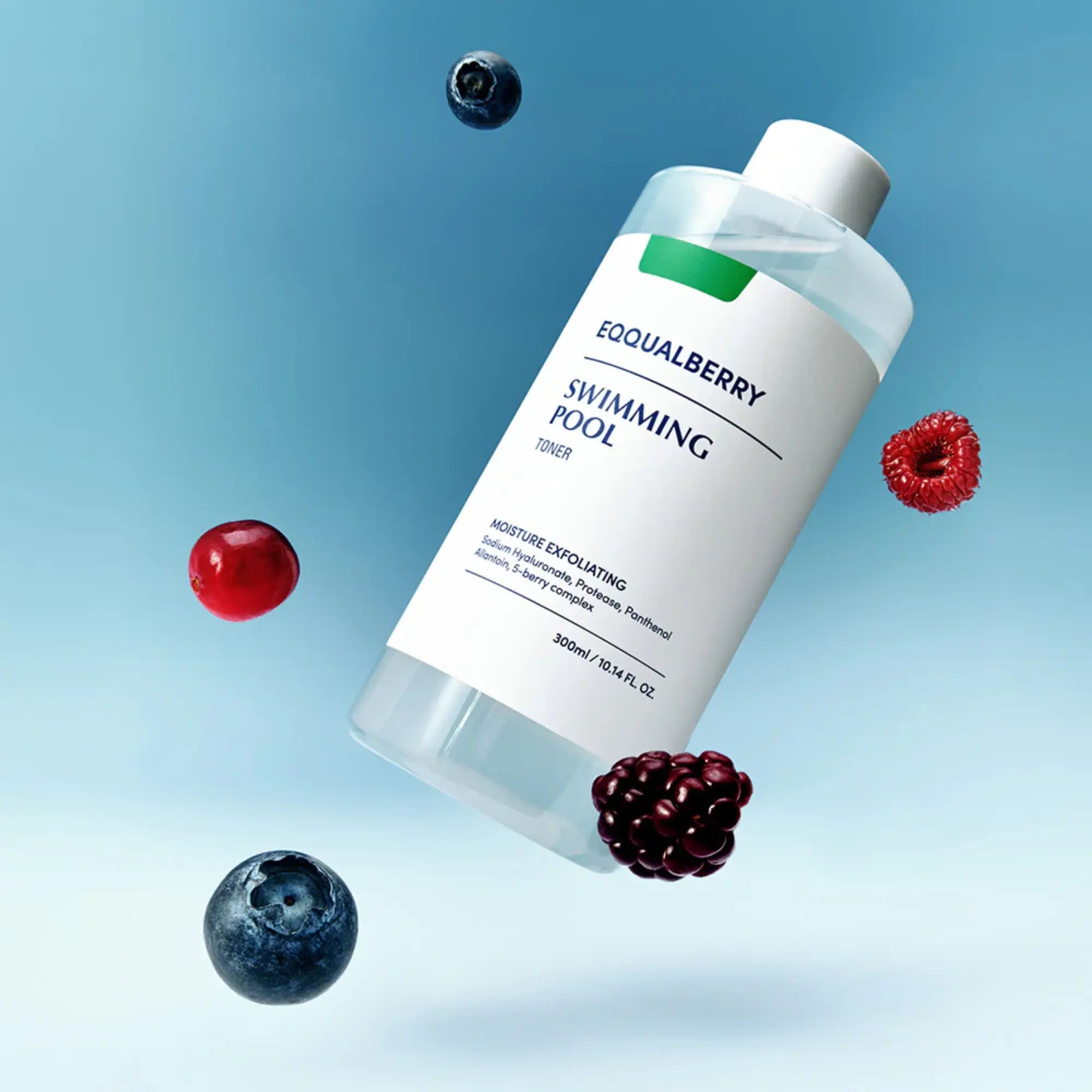 A clear plastic bottle of equalberry swimming pool toner with green accents surrounded by berries for k-beauty south africa