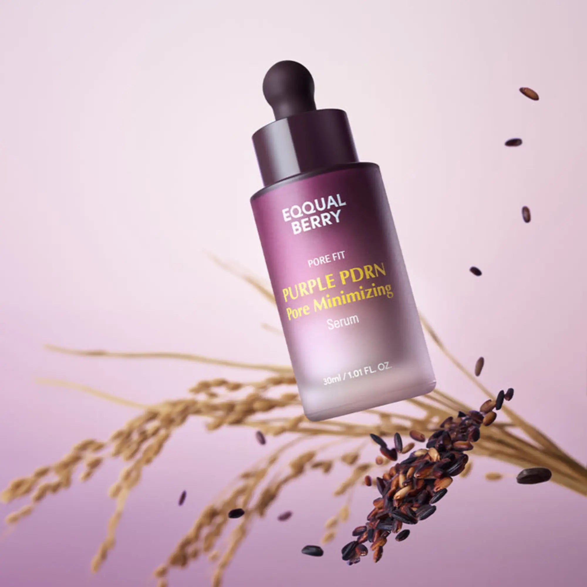 A sleek translucent purple glass bottle of equall berry pore fit purple pdrn pore minimizing serum in k-beauty south africa