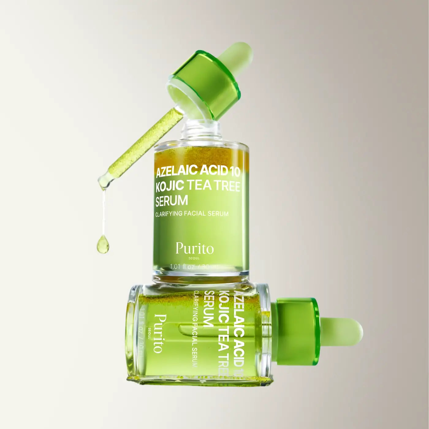 Green glass dropper bottle of purito azelaic acid 10 kojic tea tree serum featured in authentic korean skincare south africa article