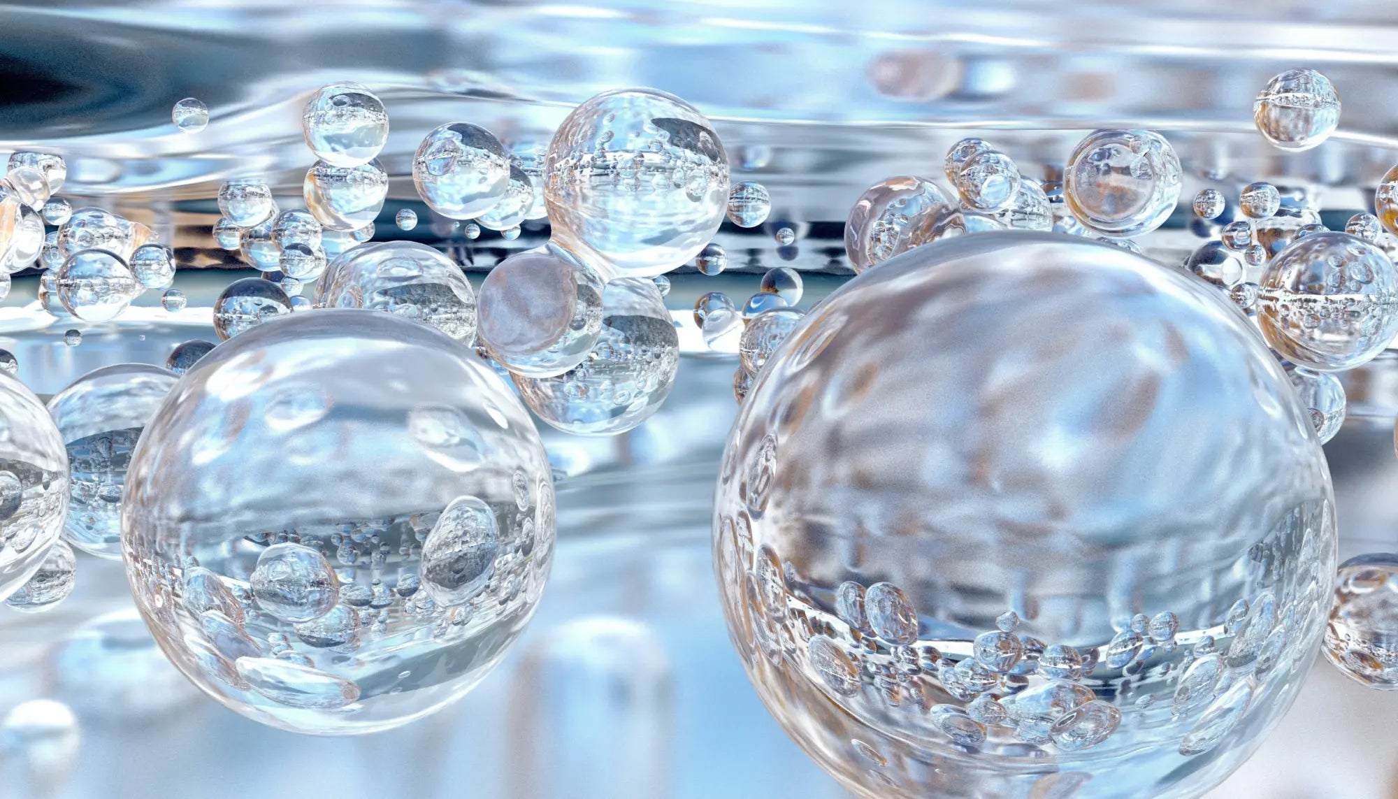 Clear glass bubbles in translucent liquid reflect light demonstrating hyaluronic acid benefits in korean skincare south africa.