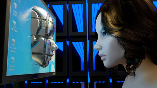 A sleek metallic silver robotic head with circuit patterns on a blue screen illustrating authentic korean skincare in south africa.