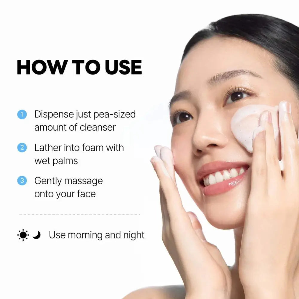 A soft white oval facial cleanser sponge gently used on a woman’s cheek with 1025 dokdo cleanser for authentic k-beauty