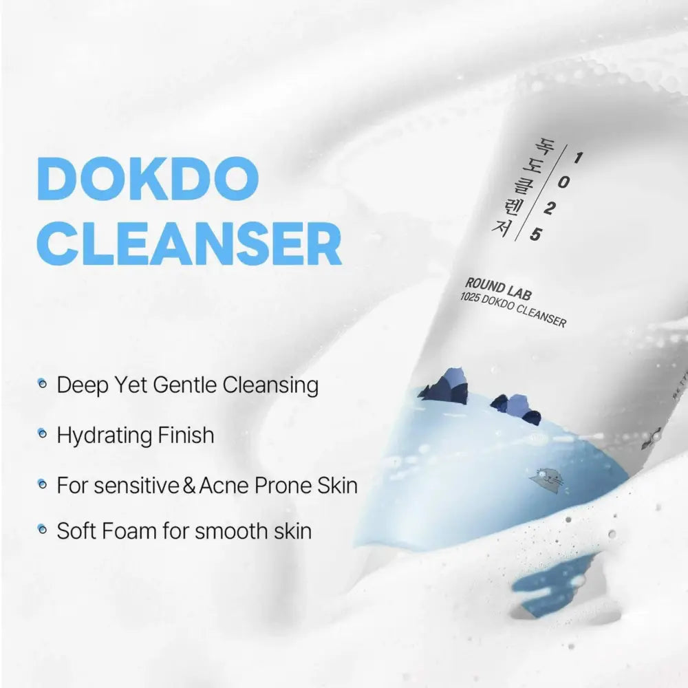 White tube of round lab 1025 dokdo cleanser 150ml with blue mountain illustration and korean text for authentic k-beauty