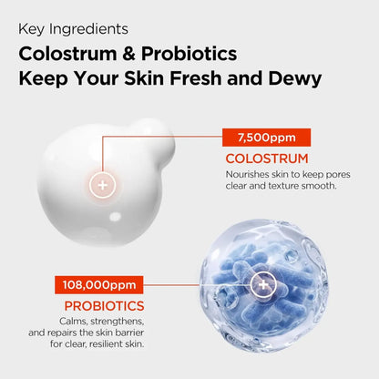 White spherical colostrum pore defence ampoule with translucent blue inner sphere containing probiotic cultures 55ml