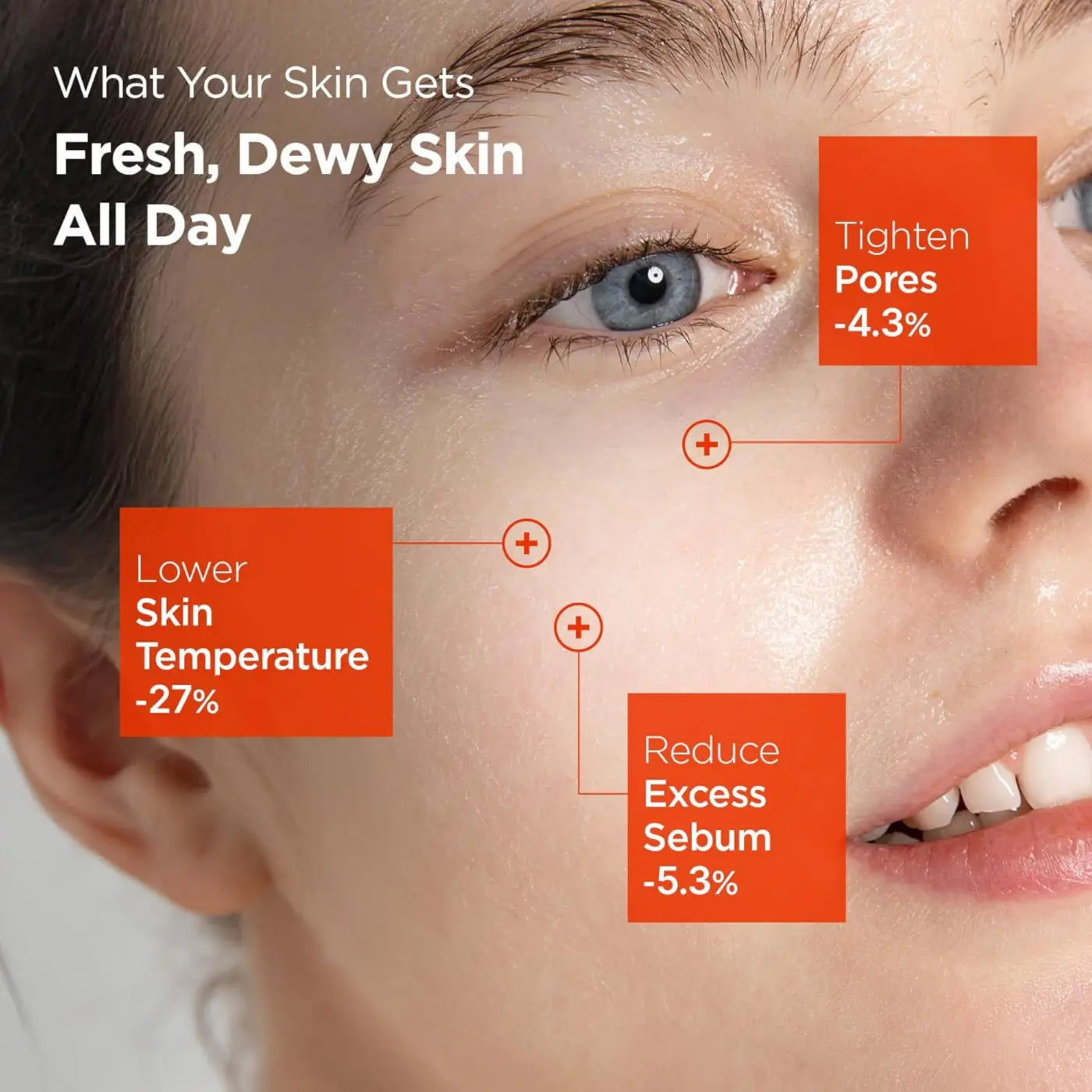 A close-up of a woman with clear dewy skin and blue eyes using 24/7 colostrum pore defence ampoule 55ml