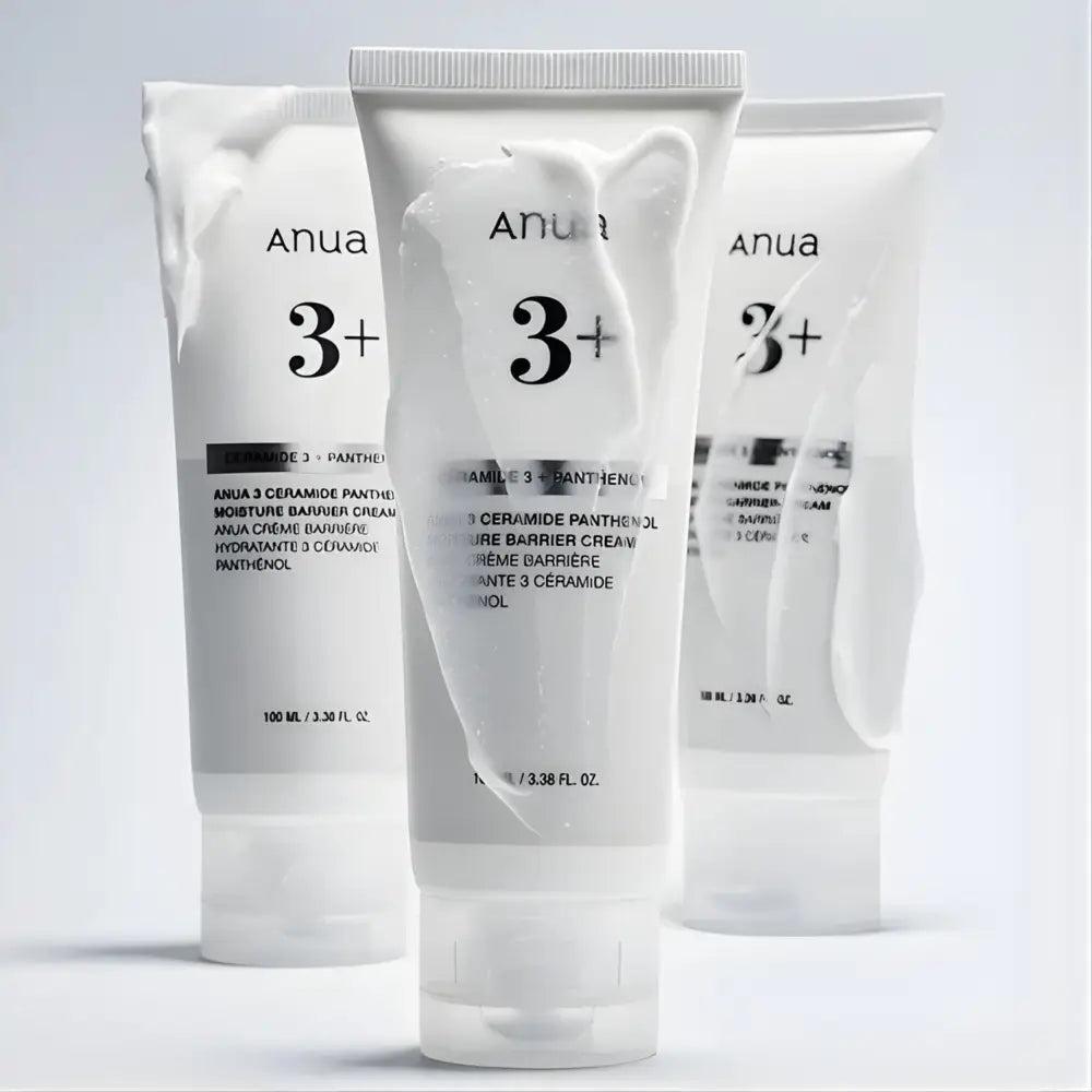 Three white 3 ceramide panthenol moisture barrier cream tubes with black text and ribbed caps for authentic k-beauty skincare